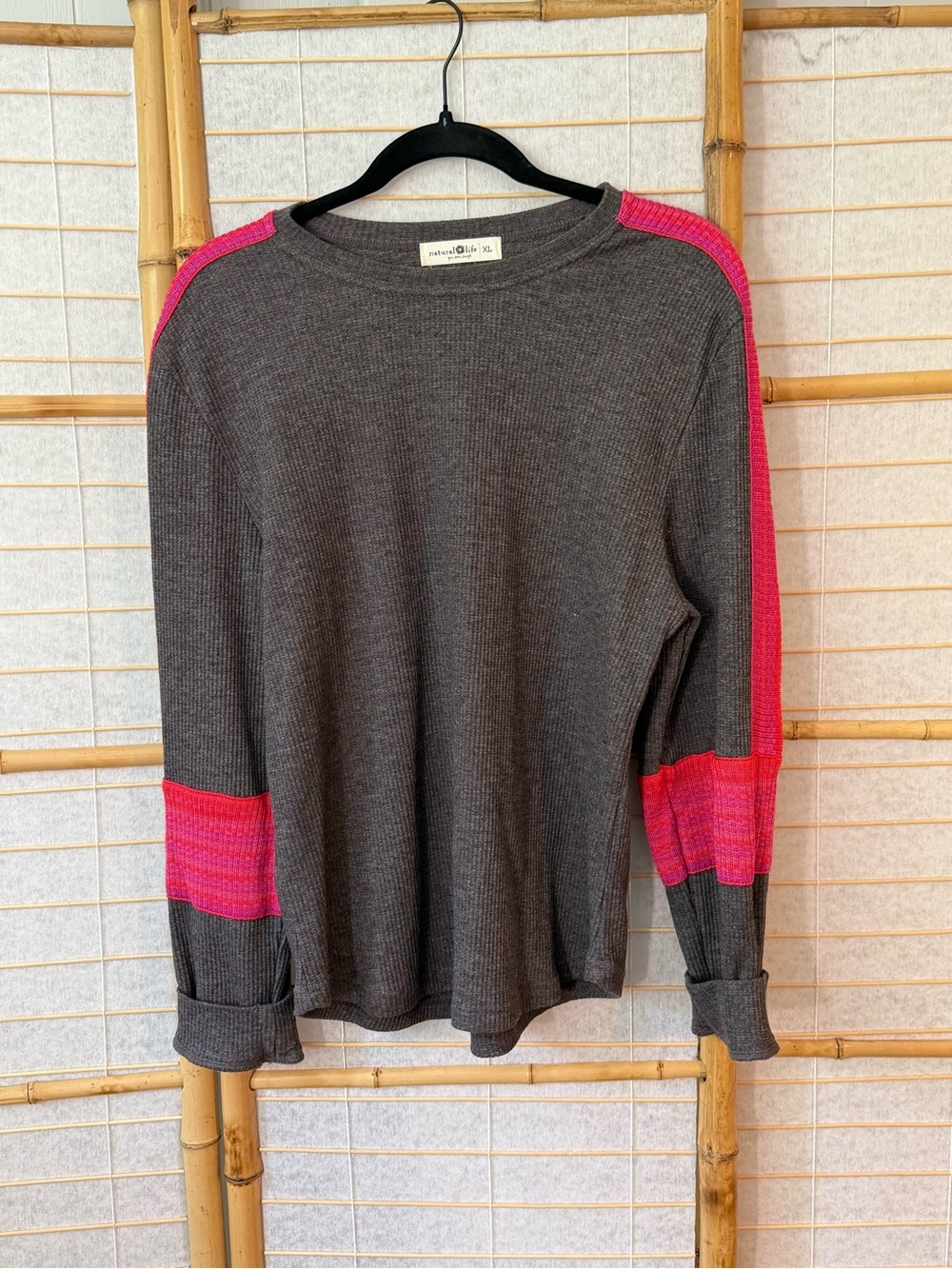 NATURAL LIFE Charcoal Crewneck Sweater with Pink Accent Stripes